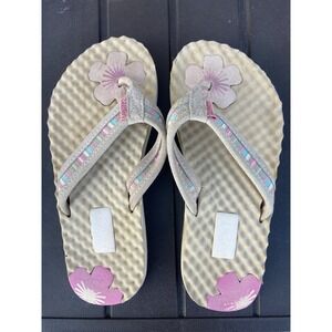 Skechers Womens Platform Flip Flops Tan Pink Floral Woven Straps Sandals 6.5